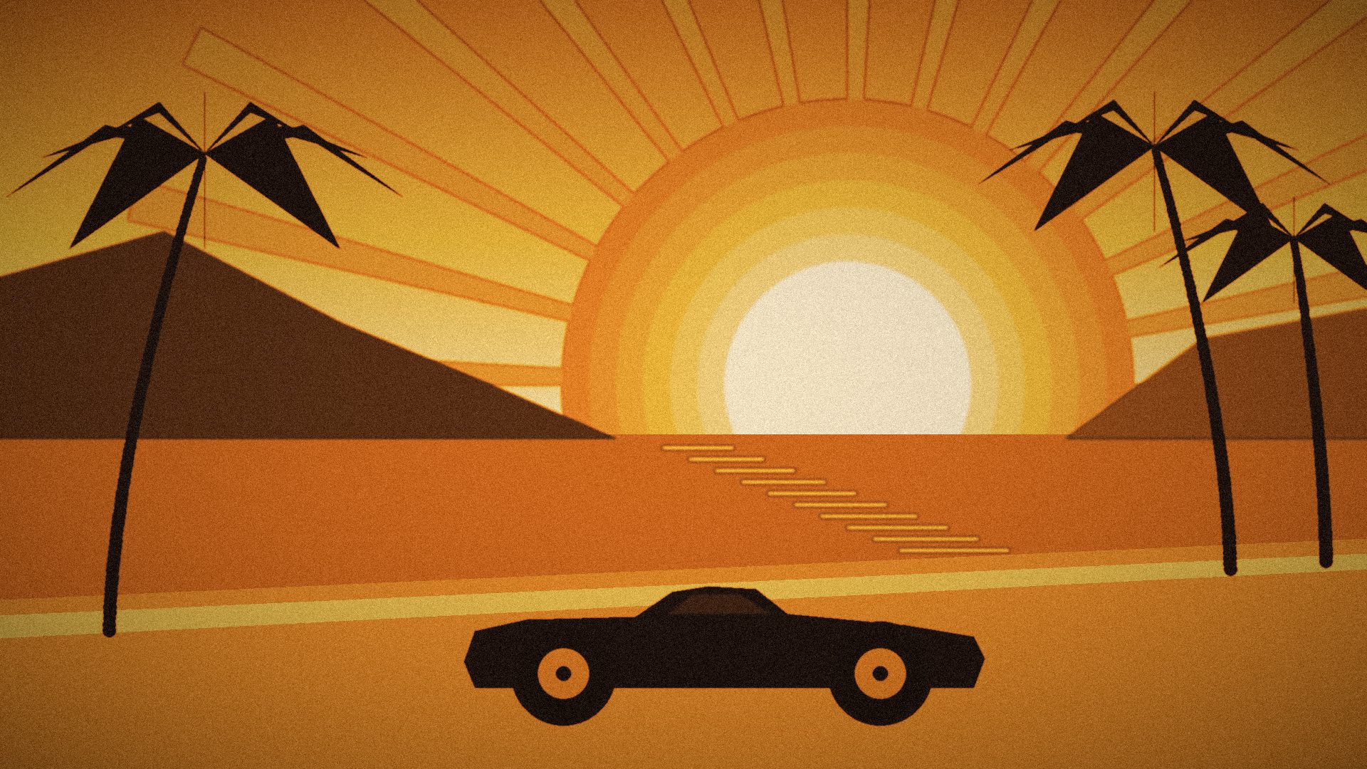 Illustration rétro : coupé de sport sur la corniche au coucher du soleil, palmiers et mer en tons orangés