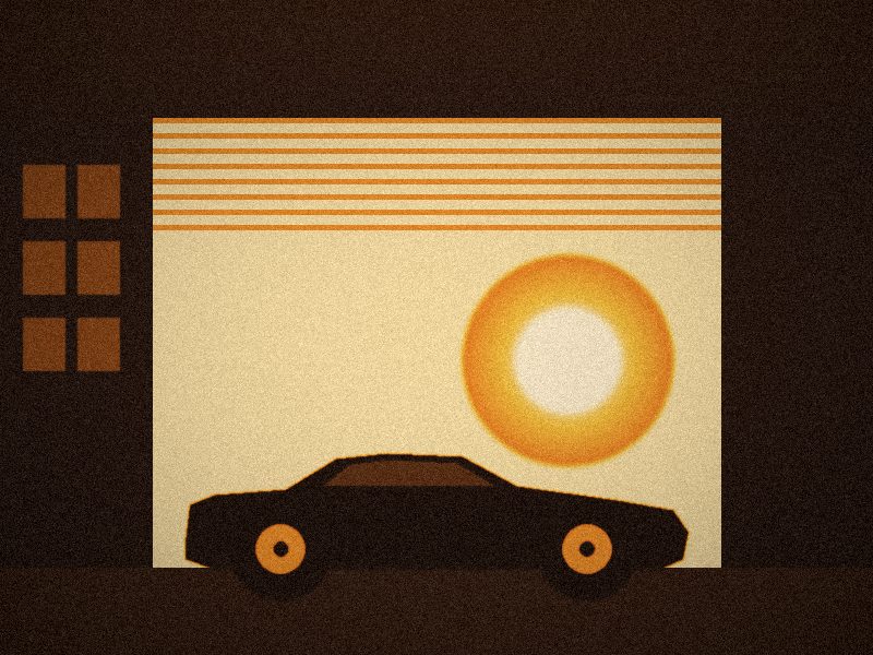 Illustration d'un atelier dont la porte ouverte donne sur le soleil, une voiture garée à l'intérieur
