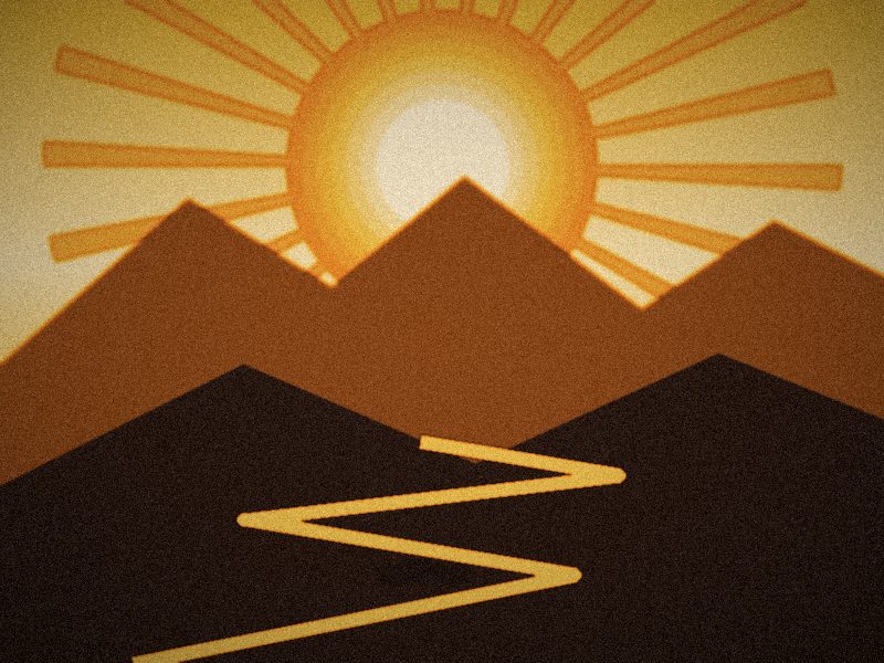Illustration de montagnes et d'une route en lacets sous un grand soleil rayonnant