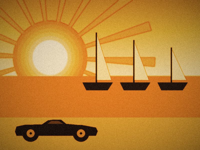 Illustration d'un port de plaisance avec voiliers et une voiture sur le quai