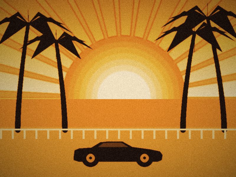 Illustration d'une promenade bordée de palmiers face à la mer avec une voiture au premier plan